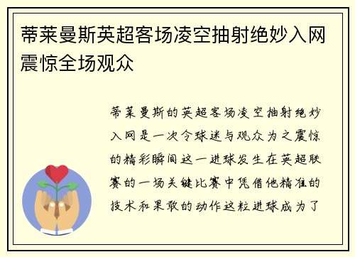 蒂莱曼斯英超客场凌空抽射绝妙入网震惊全场观众