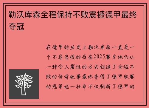 勒沃库森全程保持不败震撼德甲最终夺冠 勒沃库森全程保持不败震撼德甲最终夺冠