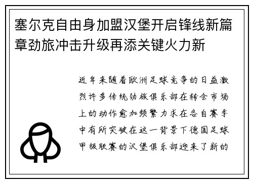 塞尔克自由身加盟汉堡开启锋线新篇章劲旅冲击升级再添关键火力新